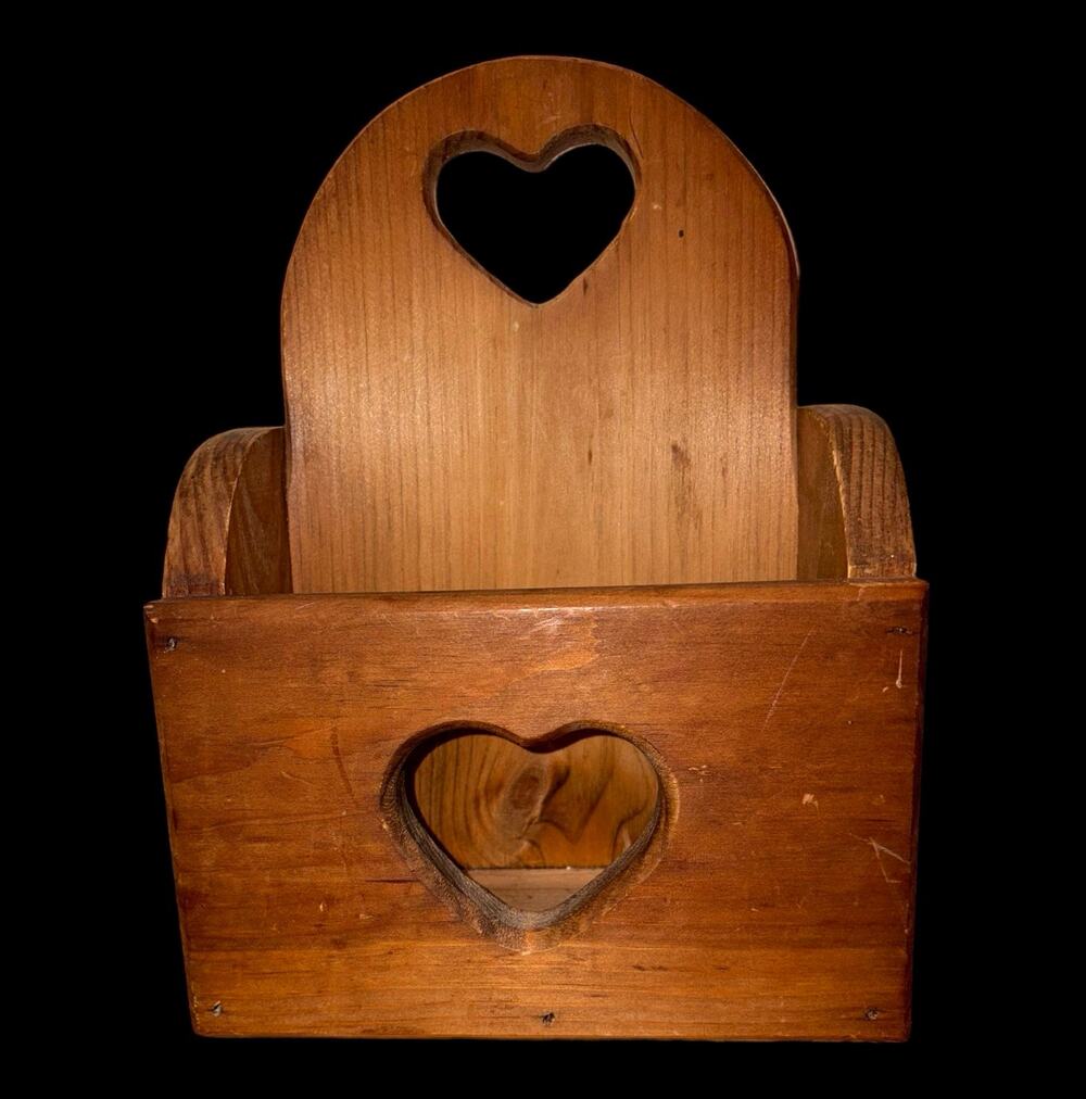 Wood Wall Mounted Letter/Mail Holder w/ Compartment, Heart Cutout Brown Rustic